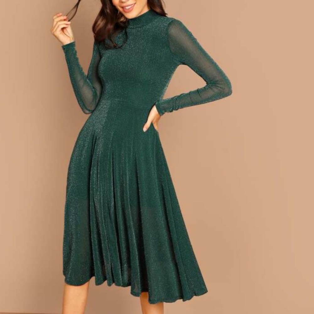 Sheer Sleeve Glitter Prom Dress